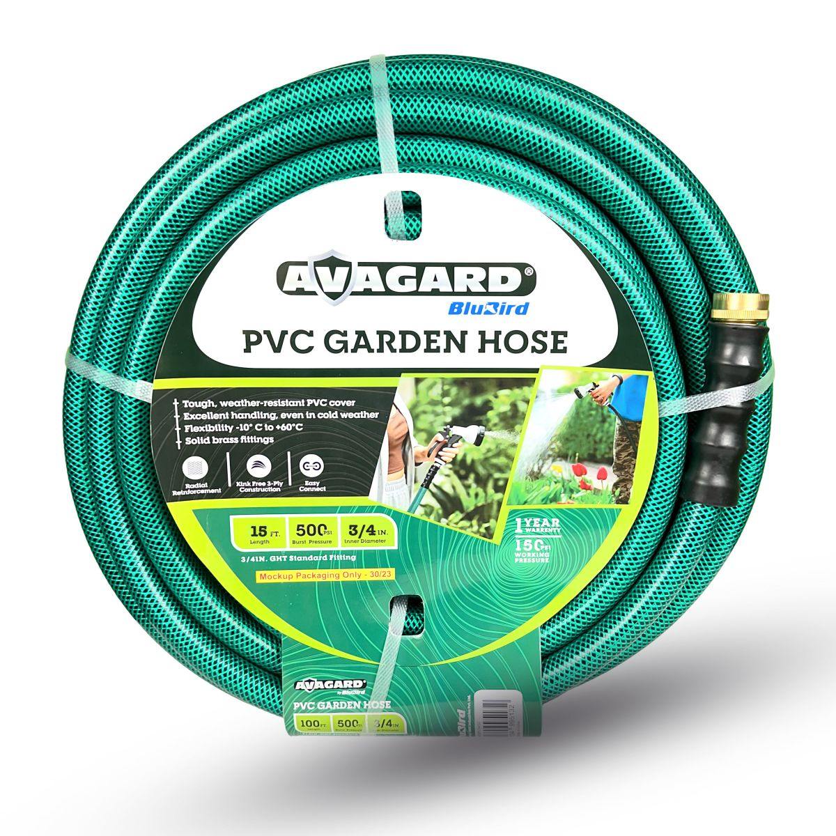 Avagard PVC Water Hose Assembly, 3/4" Male and Female GHT Fittings. 500 PSI Burst Rating. Includes Extra Washer and Bend Restrictor