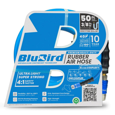 BluBird 3/8" x 50' Rubber Air Hose with Universal 5-in-1 Coupler for M/ V/ A/ T/ L Style plugs
