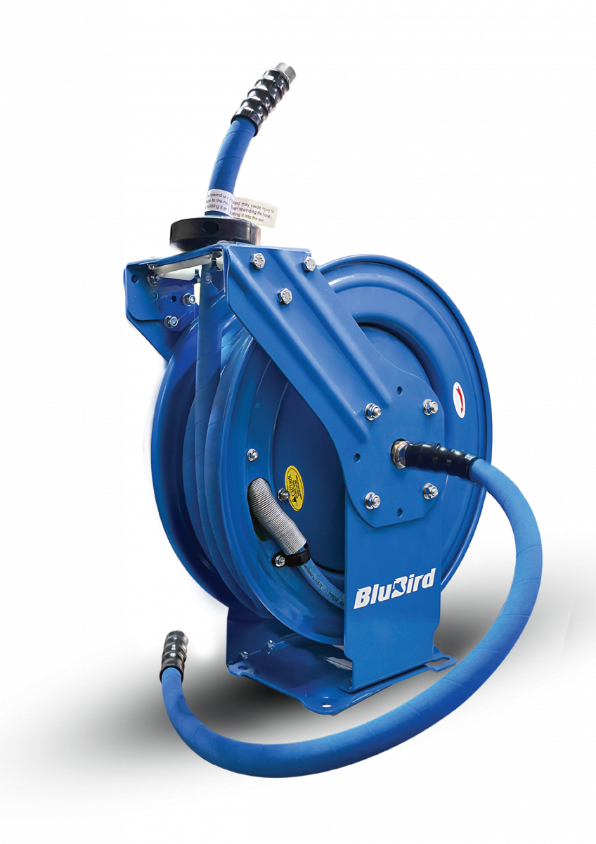 BluBird Rubber 3/4" X 50' Air Hose Dual Arm XL 18 Gauge Retractable Reel. Includes 3' Jumper Hose, 3/8" Male-NPT, 300 PSI, EPDM