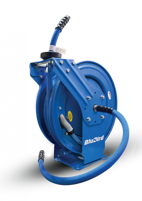BluBird Rubber 3/4" X 50' Air Hose Dual Arm XL 18 Gauge Retractable Reel. Includes 3' Jumper Hose, 3/8" Male-NPT, 300 PSI, EPDM