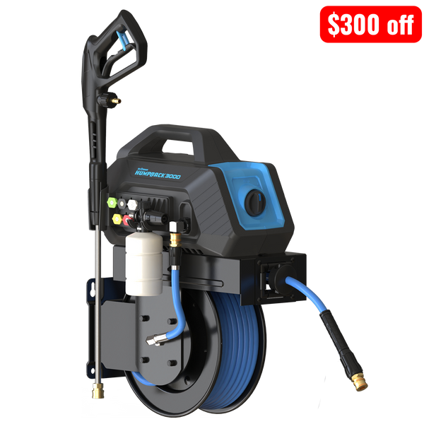 BluShield HumpBack 3000PSI All-in-One Pressure Washer System, Auto-Retractable Hose Reel, Industrial Pump, Accessories