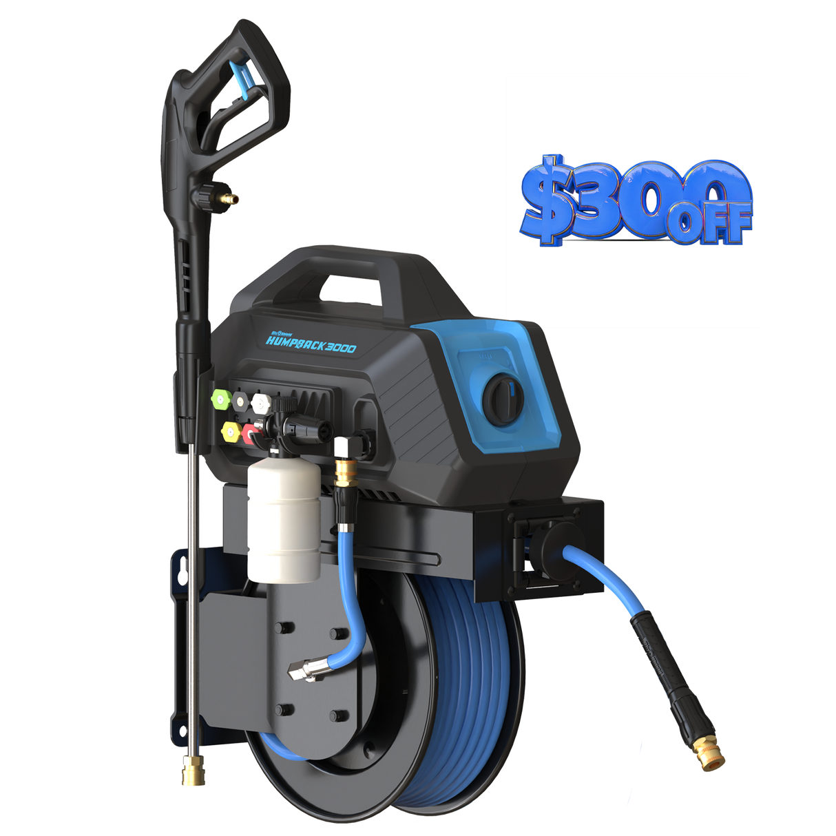 BluShield HumpBack 3000PSI All-in-One Pressure Washer System, Auto-Retractable Hose Reel, Industrial Pump, Accessories