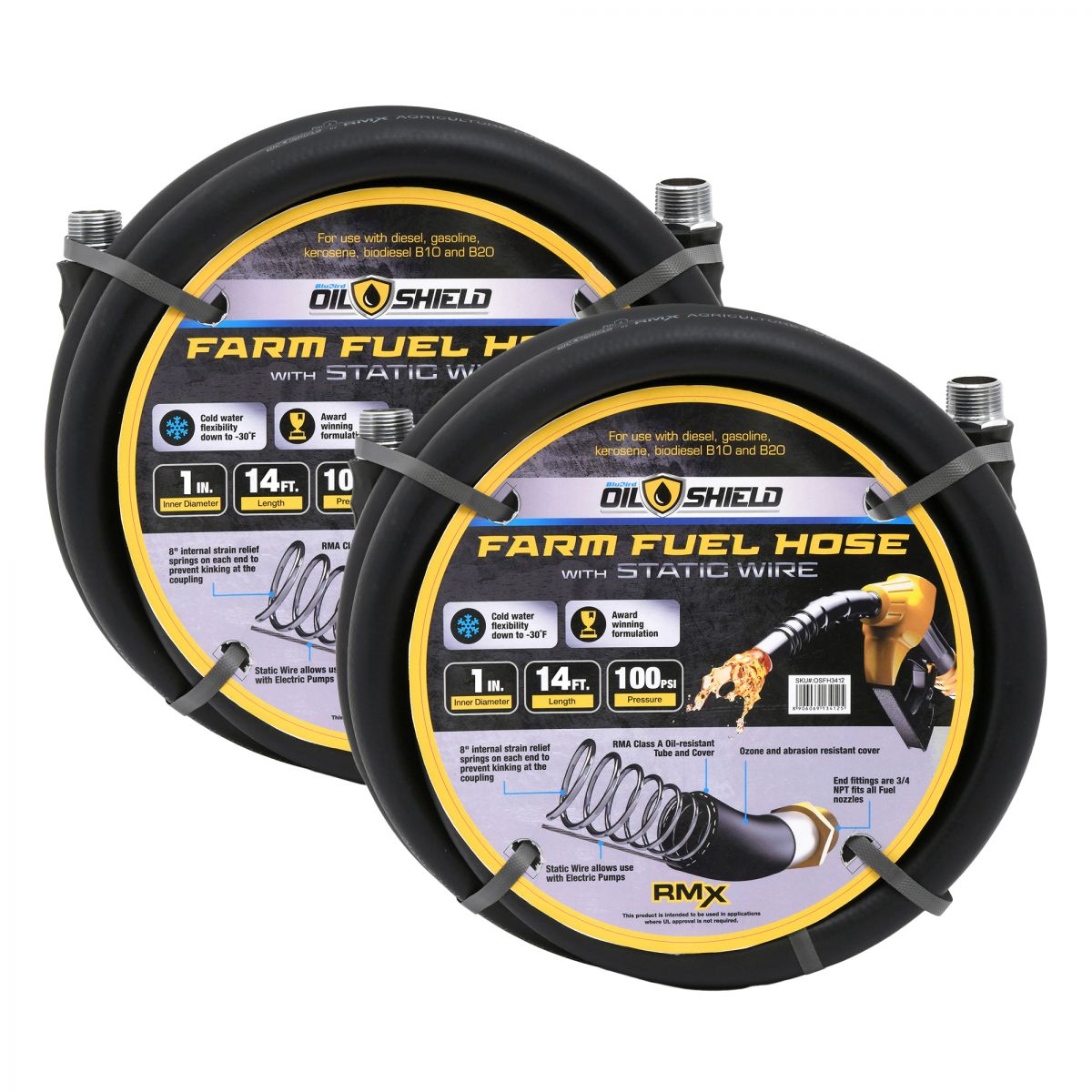 OilShield 1" X 12' Rubber Farm Fuel Transfer Hose with Static Wire