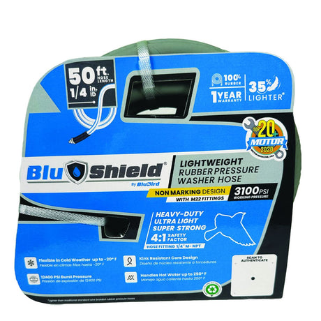 BluShield Rubber Pressure Washer Hose Assembly 1/4" X 25' w/ M22 Fittings Non Marking (3000:12000 PSI)