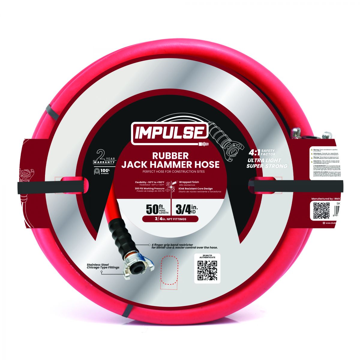 Rubber Jack Hammer Hose 3/4" x 50'-Red