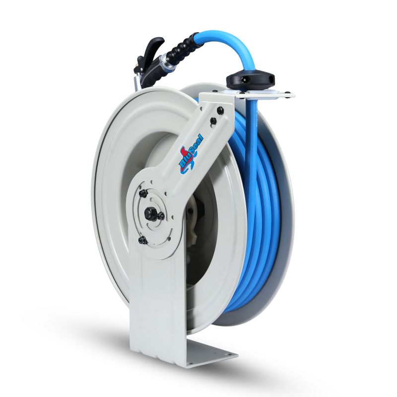 BluSeal 5/8" x 50' Rubber Water Hose Reel with 6' Lead-in-Hose, 180° Swivel Mount (All in One Design, Patented Technology)