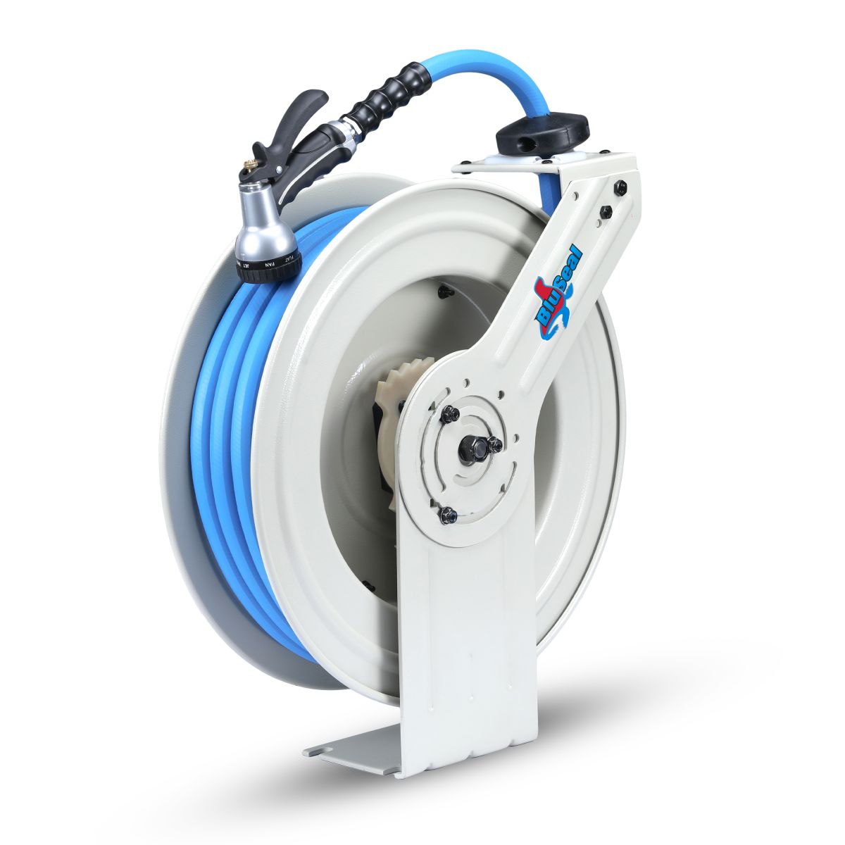 BluSeal 5/8" x 50' Rubber Water Hose Reel with 6' Lead-in-Hose, 180° Swivel Mount (All in One Design, Patented Technology)