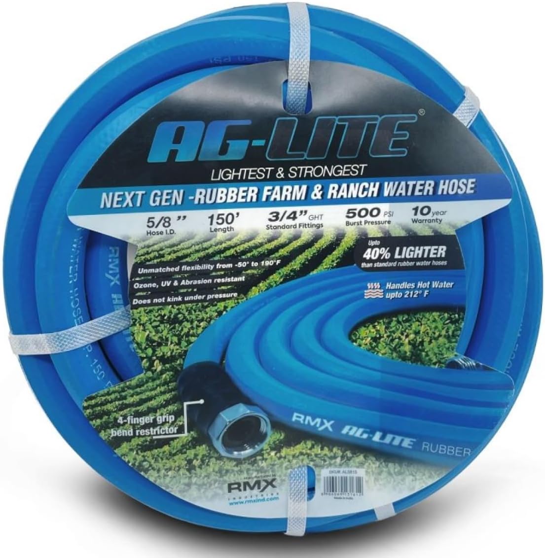 Ag-Lite 3/4" x 150' Heavy-Duty Rubber Water Hose with Brass GHT Fittings