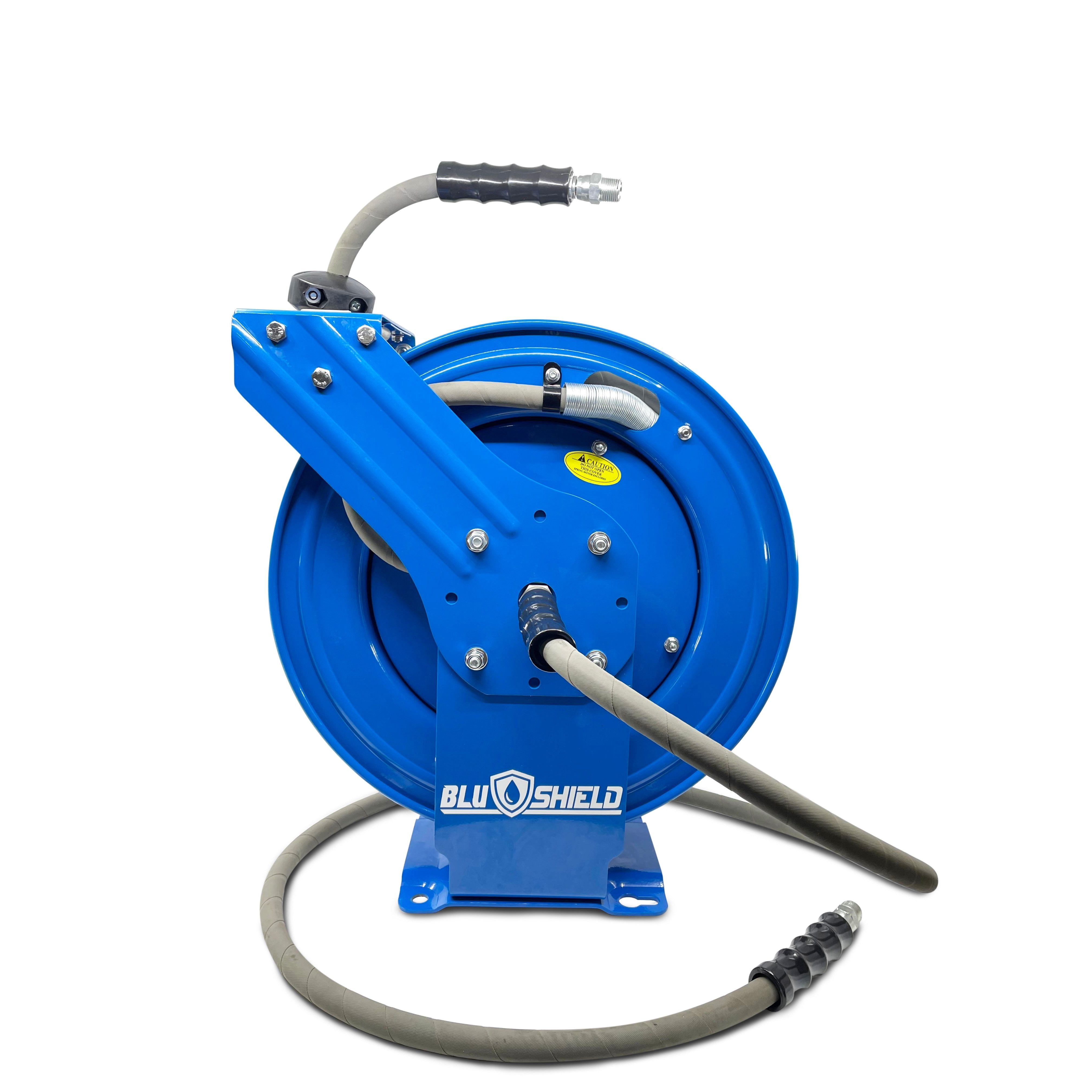 BluShield 3/8" Pressure Washer Hose Reel with 4100PSI Aramid Braided Non Marking Hose, Quick Connect Coupler, 6' Lead-in Hose, Dual Arm Heavy Duty
