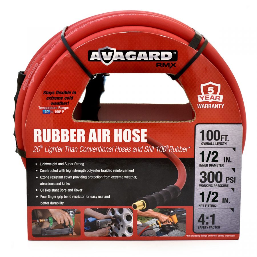 Avagard 1/2" Rubber Air Hose Heavy Duty, Lightweight with Brass 1/2" MNPT Industrial Fitting