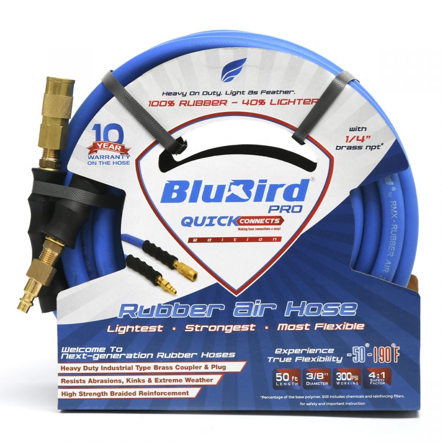 BluBird Pro Rubber Air Hose with Universal Quick Connect Coupler, Brass MNPT Industrial Fitting