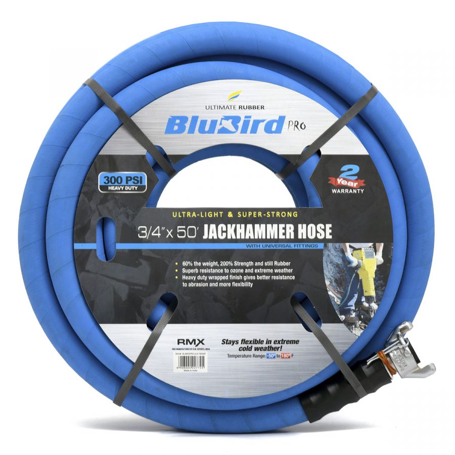 BluBird Jackhammer Air Hose with 3/4" Universal Chicago Couplings, 40% Lightweight, 100% Rubber