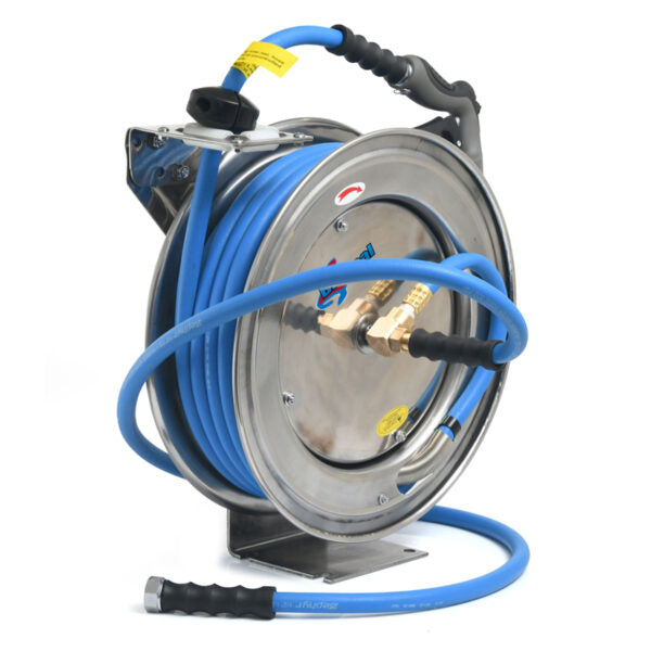 BluSeal Stainless Steel Water Hose Reel 1/2" x 50' Retractable with Swivel Mount, Rubber Garden Hose, 6' Lead-in, Spray Nozzle
