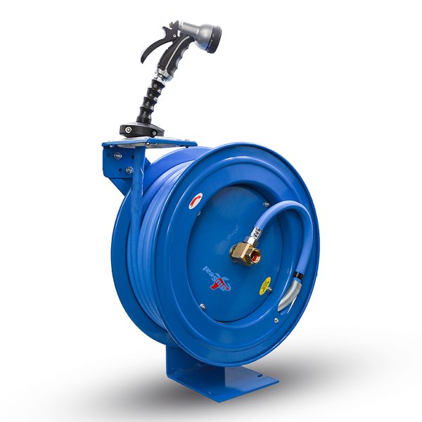 BluSeal Water Hose Reel 5/8" x 50' Retractable Steel Construction with Rubber Garden Hose, 6' Lead-in, Spray Nozzle