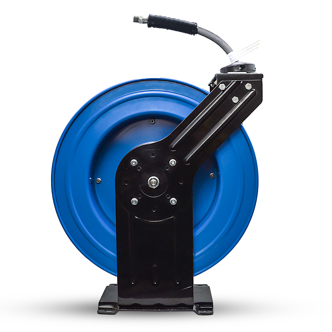 BluShield 3/8" Pressure Washer Hose Reel with Aramid Braided Non Marking Hose, 6' Lead-in Hose, Dual Arm Heavy Duty