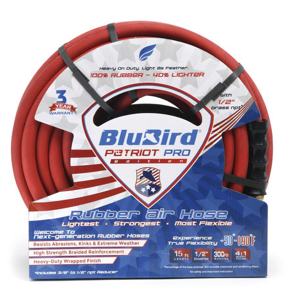 BluBird Patriot Pro Air Hose Reel 1/2 x 50' Retractable Heavy Duty Steel Construction with Rubber Hose 300 PSI