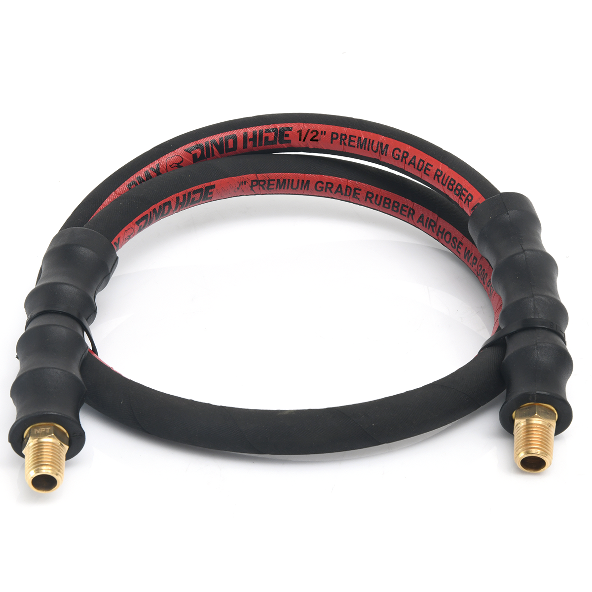 Dino-Hide 1/2" x 3' Rubber Lead-in Air Hose with 1/2" Brass MNPT Fittings, 3/8" Reducer