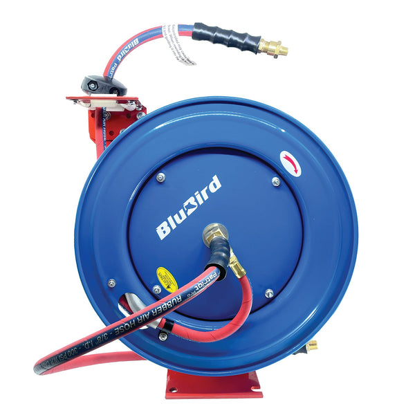 BLUBIRD BBR1250 20ga. Retractable Hose Reel with 1/2 X 50' Air Hose, 12  Point Ratcheting Gear, Next-Gen Rubber, Lightest, Strongest, Most Flexible,  300 PSI, 50F to 190F Degrees, Polyester Braided 