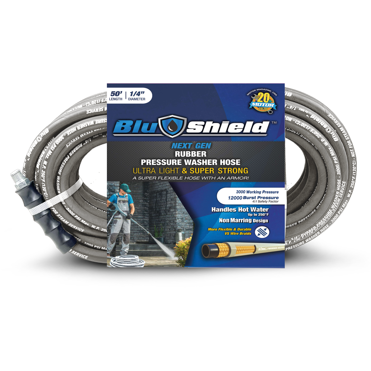 BluShield Lightweight 1/4" Polyester Braided  Rubber Pressure Washer Hose with M22 Fittings, 3100PSI