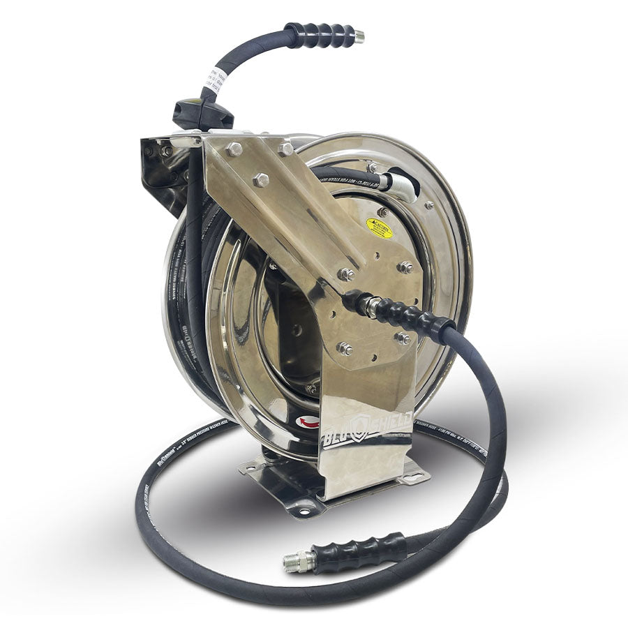 BluShield 3/8" Retractable Stainless Steel Pressure Washer Hose Reel with Aramid Braided Hose, 6' Lead-in Hose