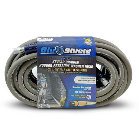 BluShield Aramid Braided 3/8" Rubber Pressure Washer Hose, Non Marking with Quick Connect Coupler Plug, 4100PSI, Heavy Duty & Backed By 1yr Warranty