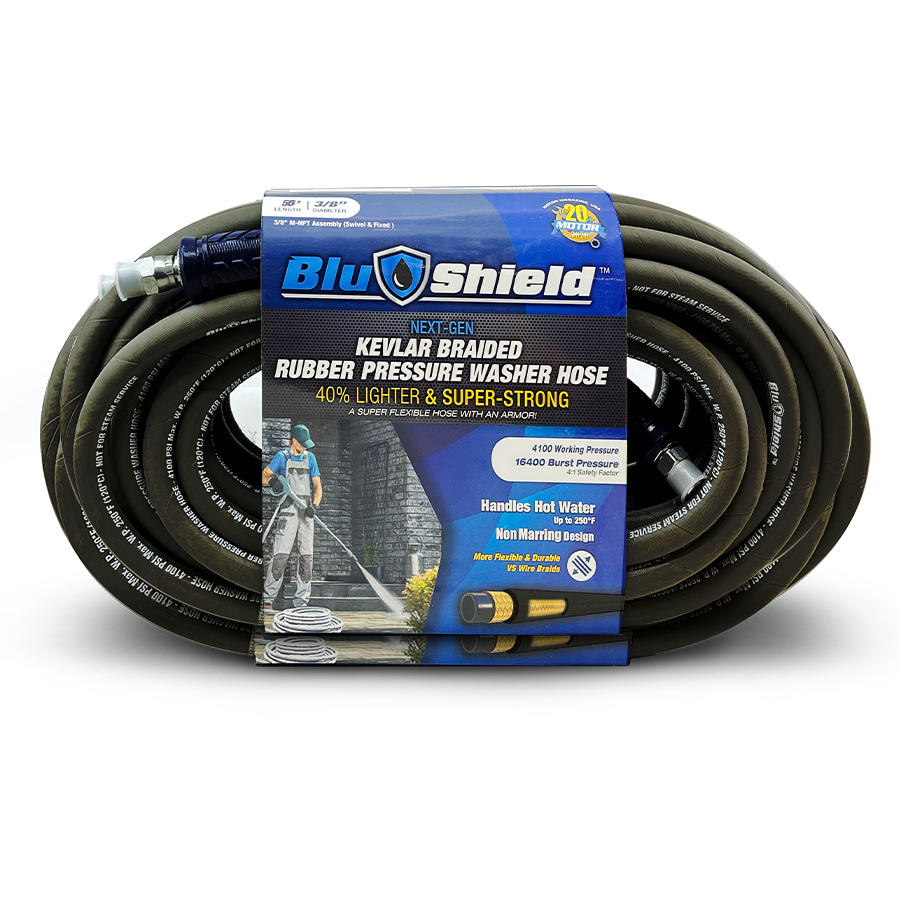 BluShield Aramid Braided 3/8" Rubber Pressure Washer Hose with Quick Connect Coupler Plug, 4100PSI, 1 Yr Warranty, Size - 100ft & 50 Ft